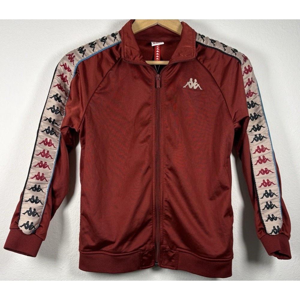 Vtg Kappa Track Jacket Y2K Blokecore Burgundy 12Y Euro Soccer Logo Tape Zip Up